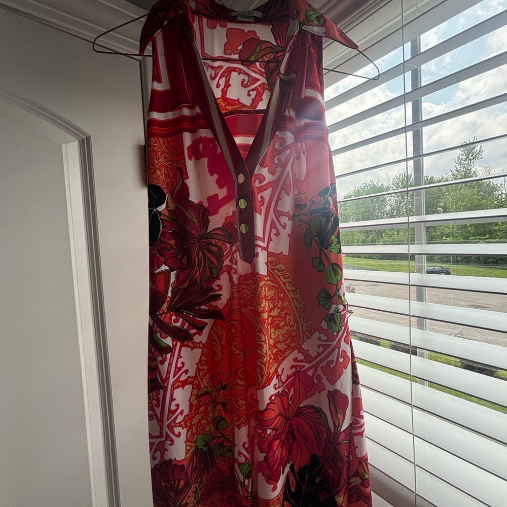 Cache Red and White Sleeveless V-neck Maxi Sundress